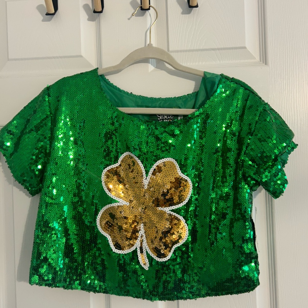 Spencer's Green and Gold Sequin Tee with Shamrock